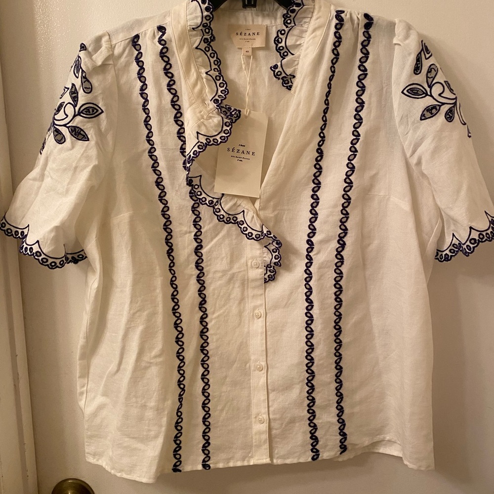 Sezane White and Blue Embroidered Top